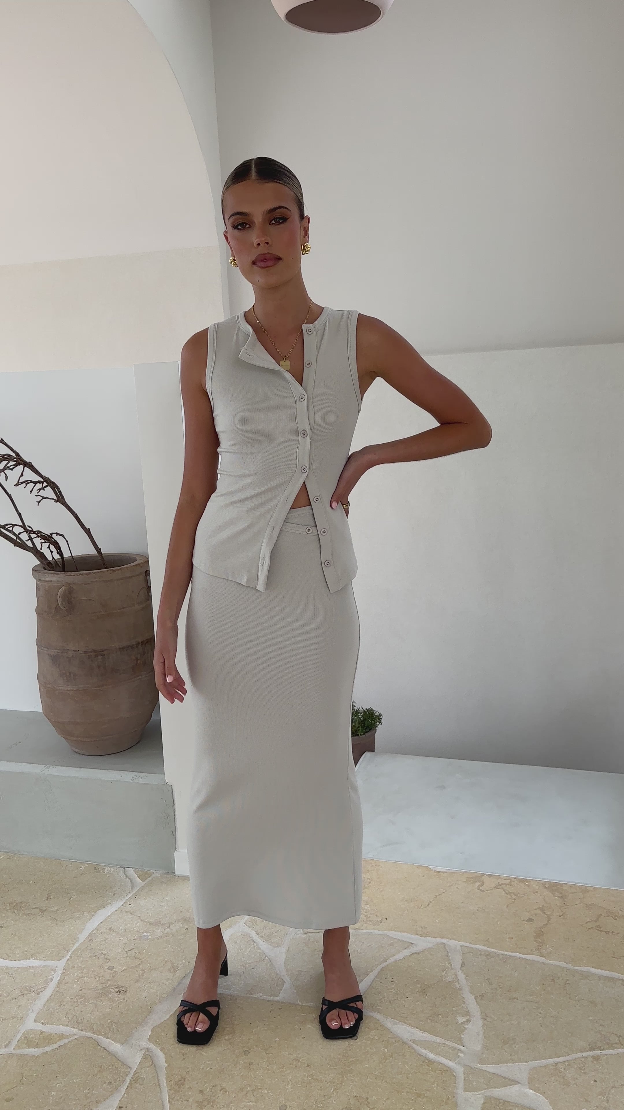 Load video: Rahela Button Top and Maxi Skirt Set - Grey - Billy J
