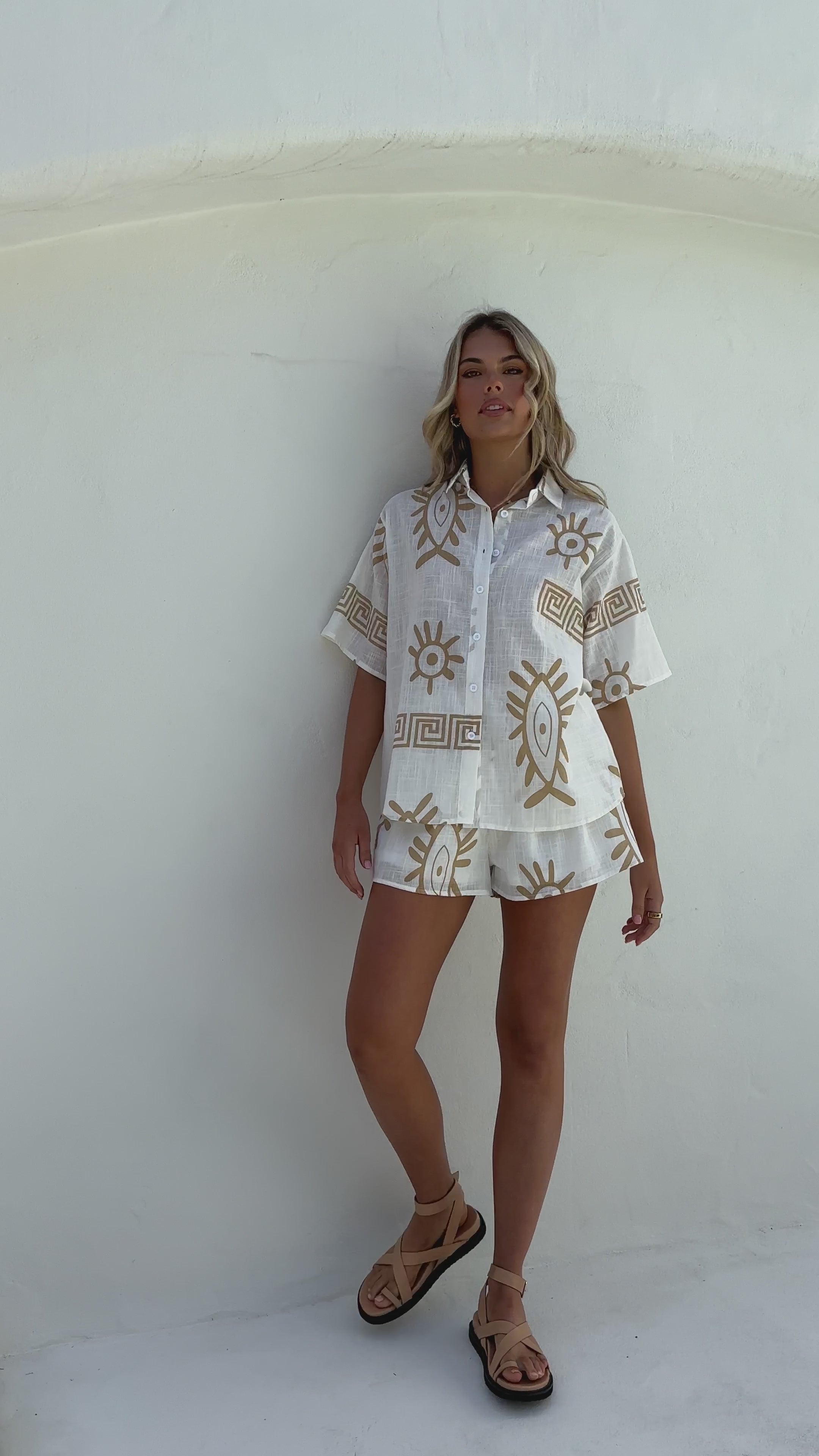 Load video: Charli Button Up Shirt and Shorts Set - White/Beige Aztec - Billy J