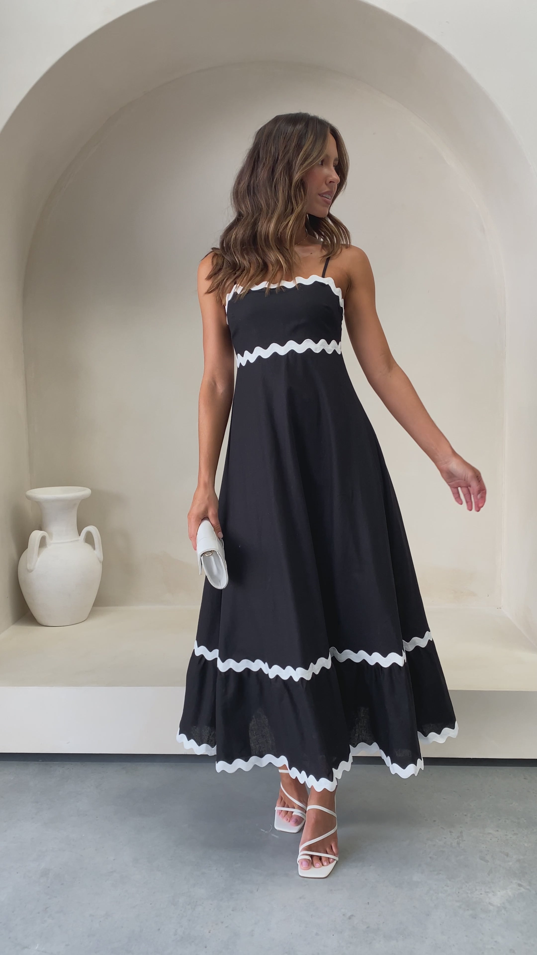 Load video: Brodey Midi Dress - Black / White - Billy J