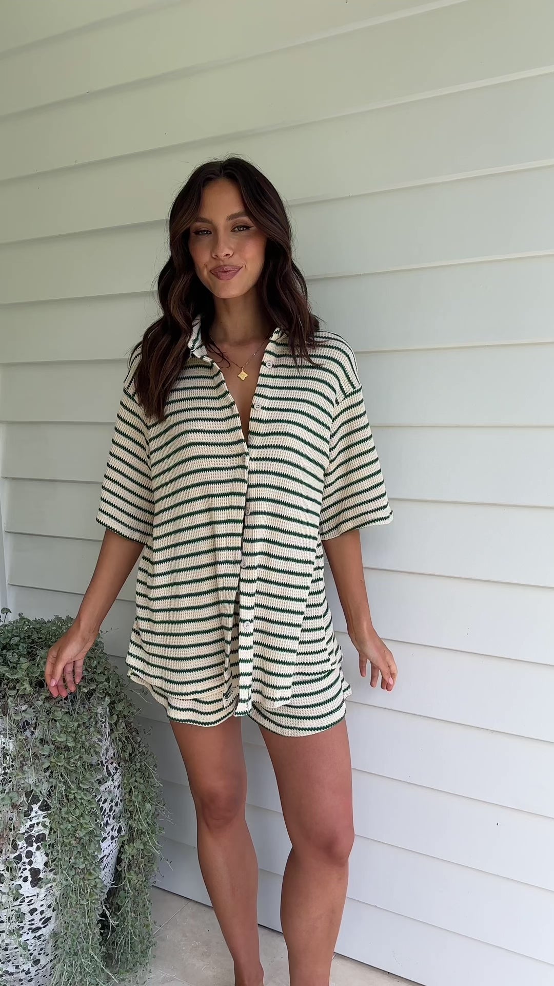 Load video: Lacole Button Up Shirt and Shorts Set - Beige / Green Stripe - Billy J