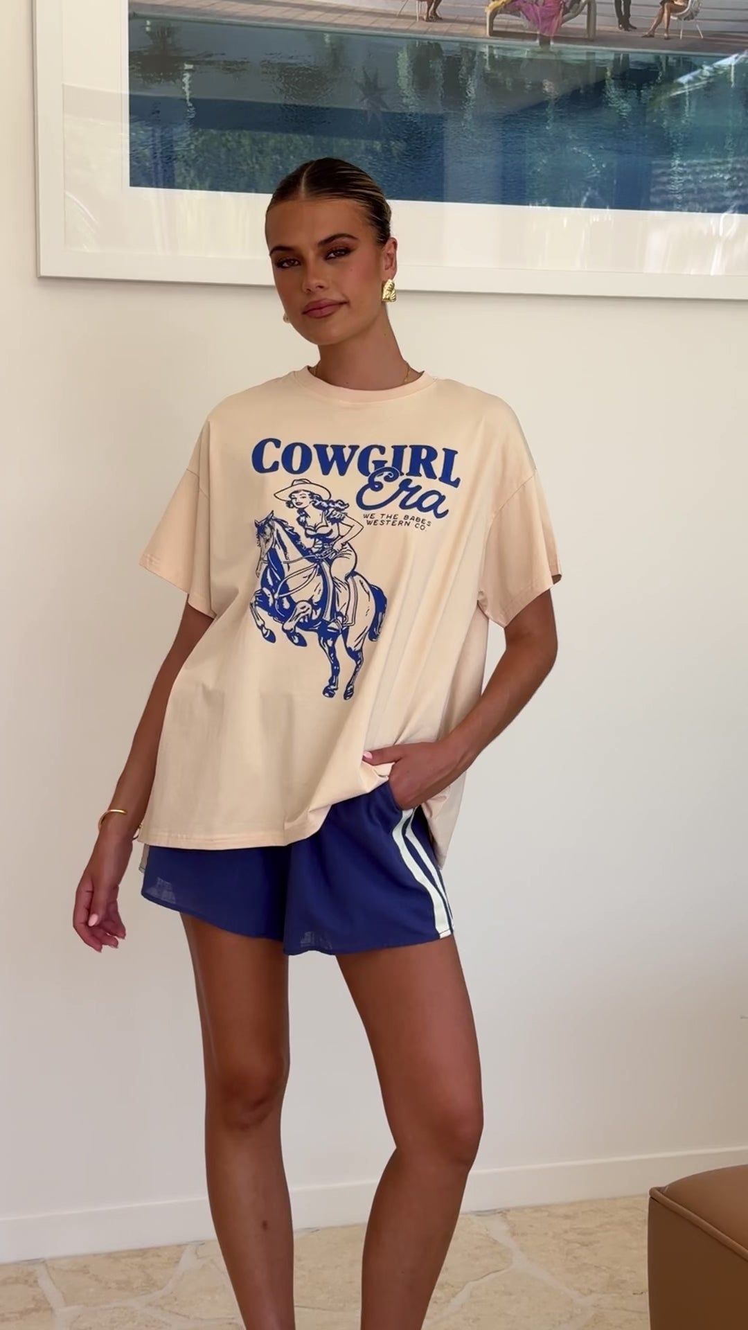 Load video: Cowgirl Era Top and Shorts Set - Cream/Blue - Billy J