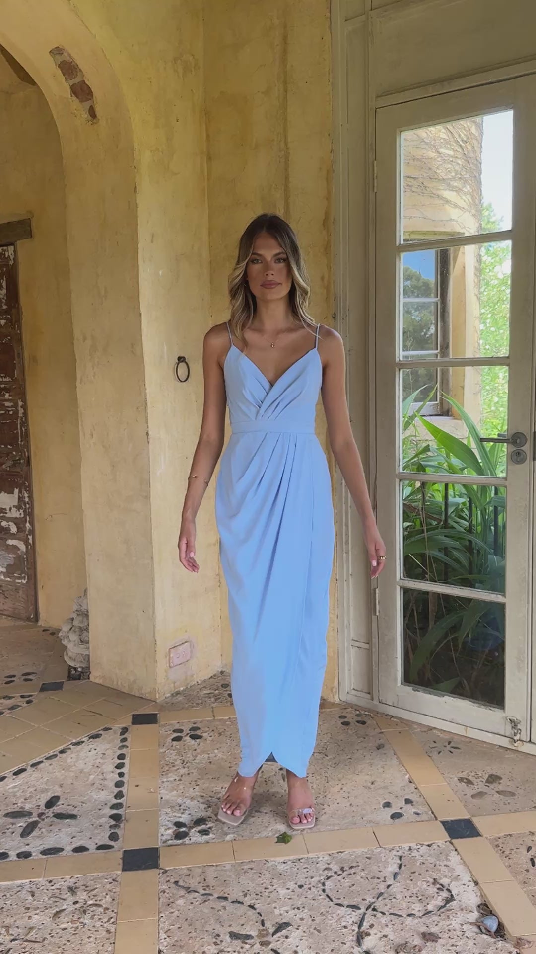 Load video: Charlotte Draped Maxi Dress - Blue - Billy J