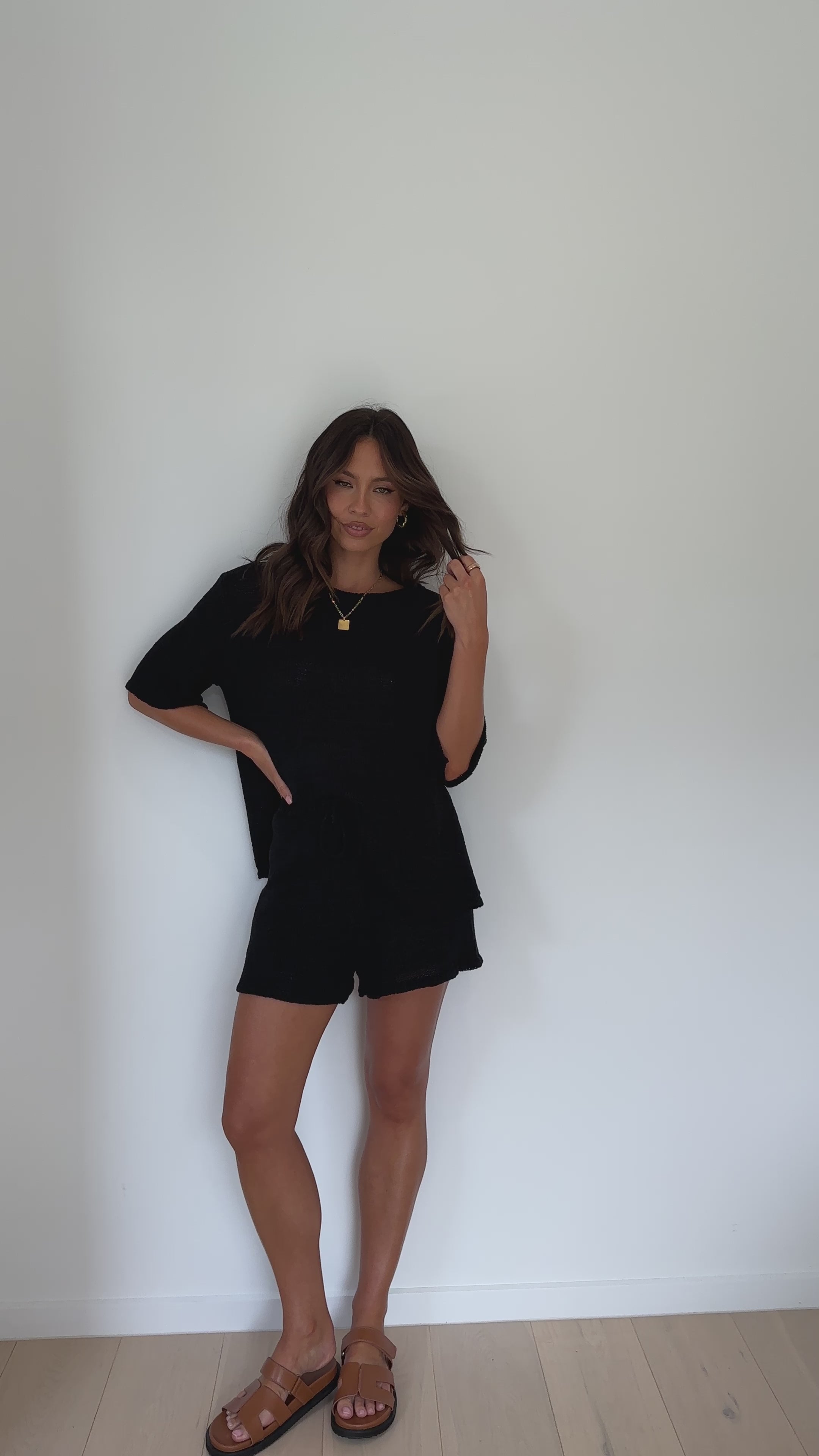 Load video: Habiba T-Shirt and Shorts Set - Black Knit - Billy J