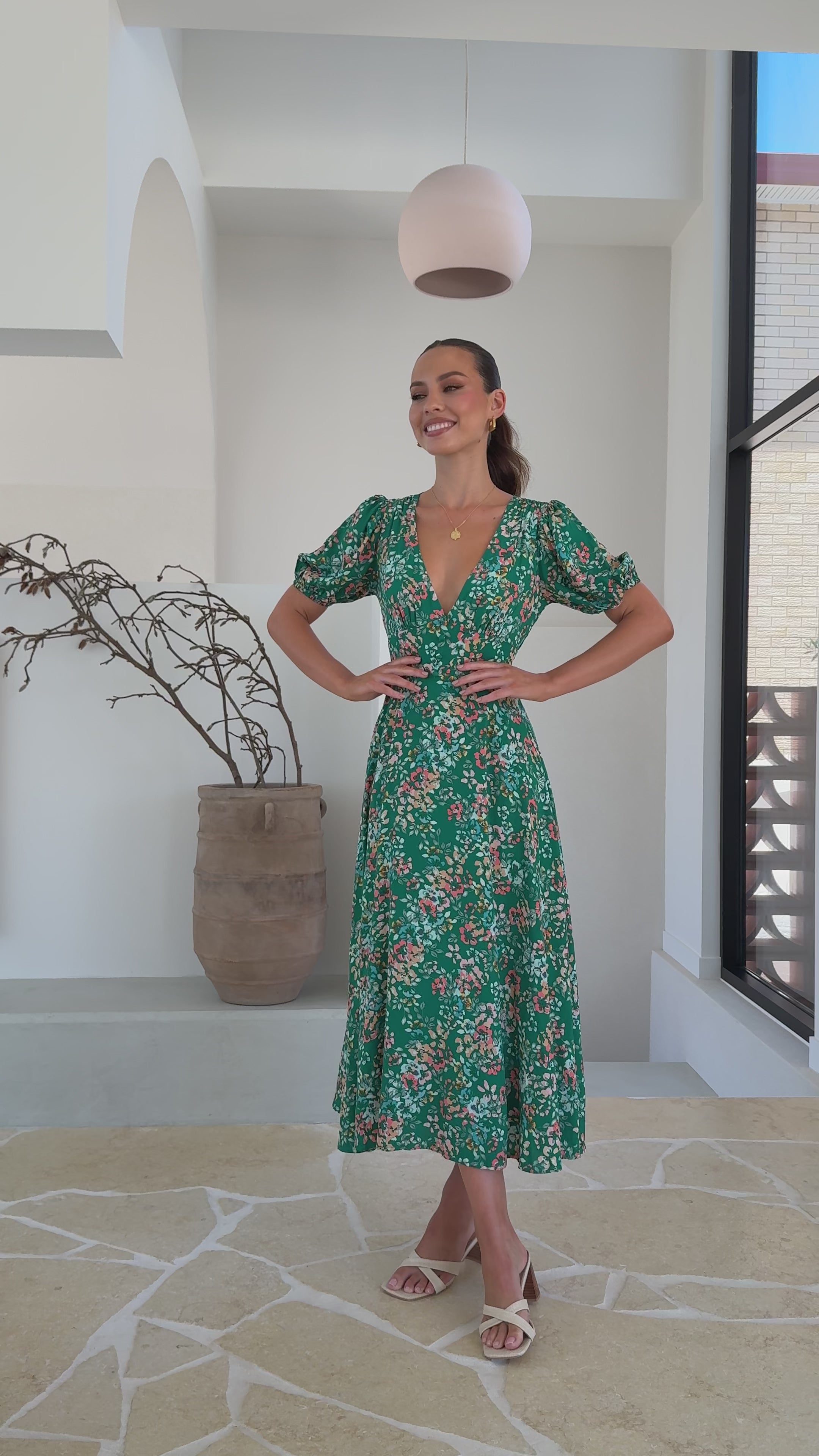 Load video: Itzel Midi Dress - Green Floral - Billy J