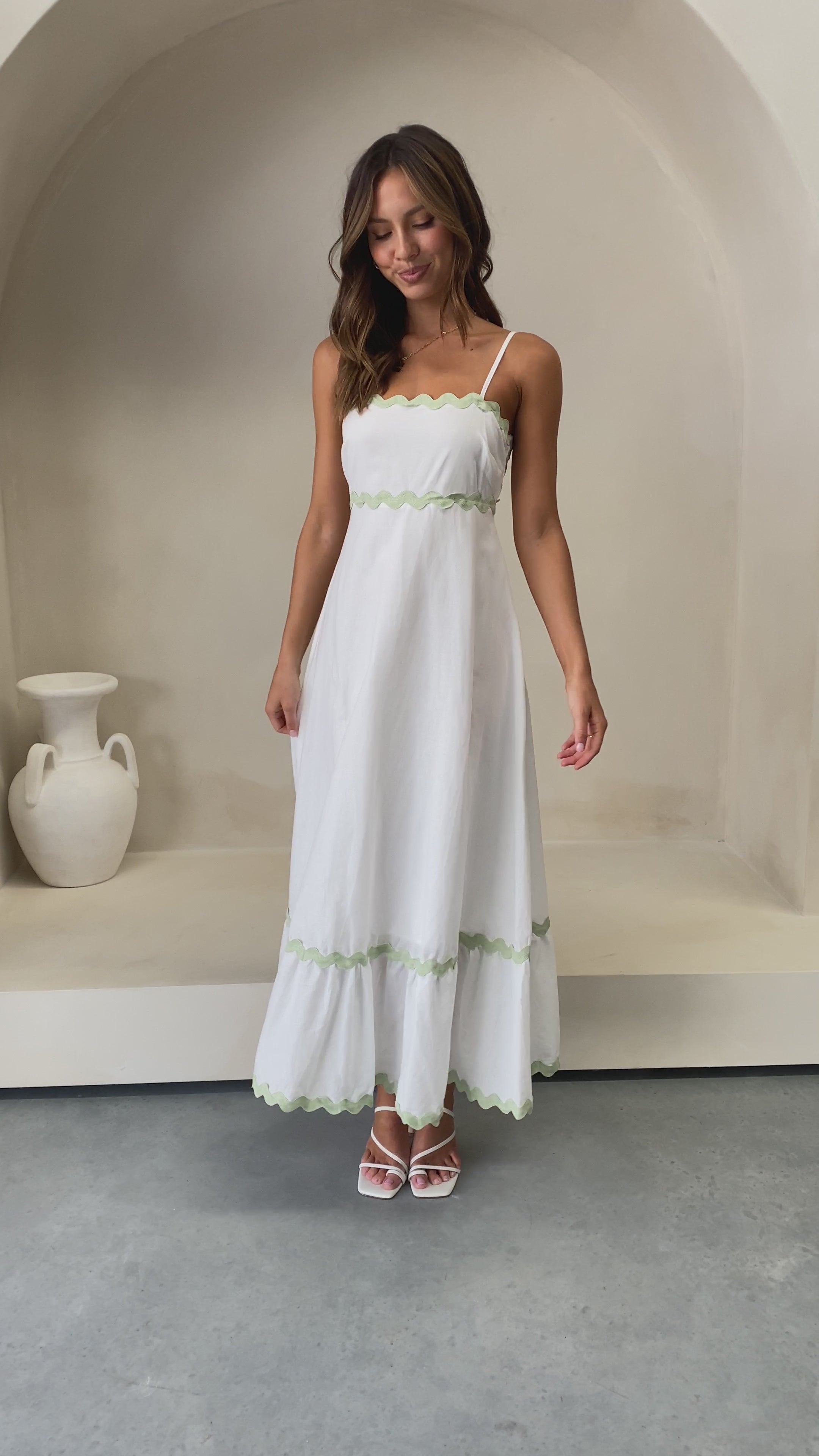 Load video: Brodey Midi Dress - White / Sage - Billy J