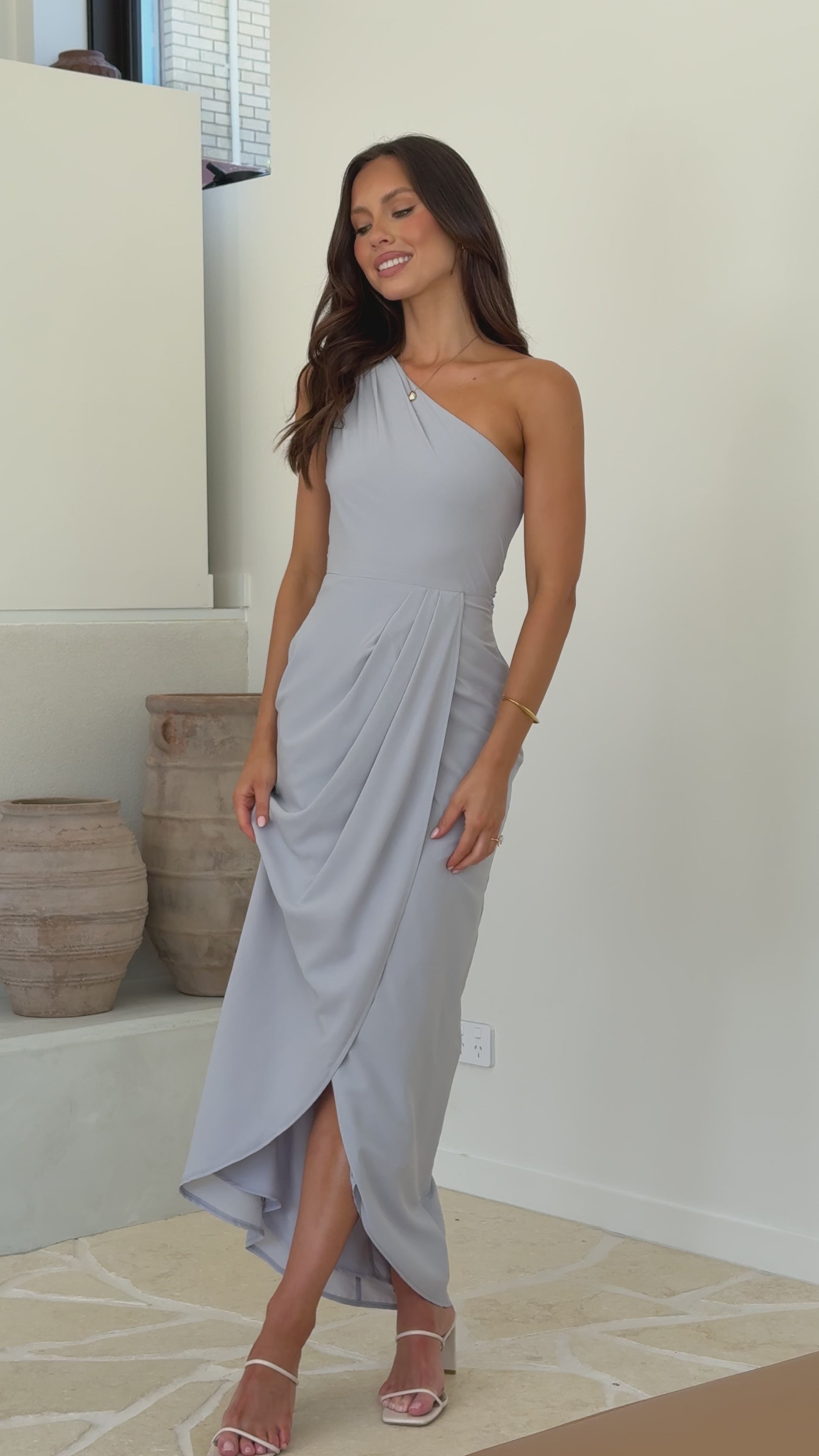 Load video: Clara One Shoulder Maxi Dress - Light Grey - Billy J