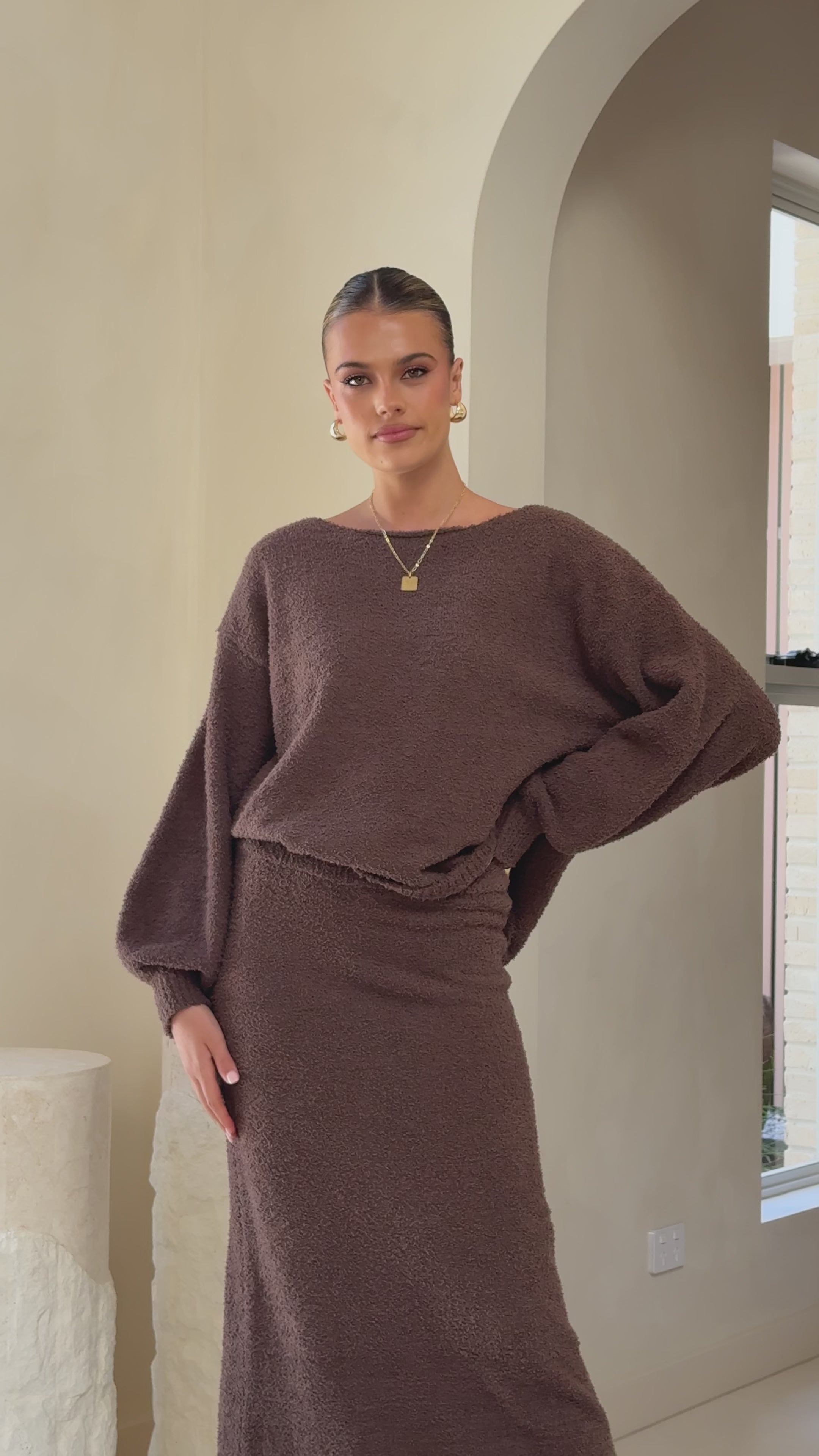 Load video: Cohen Knit Midi Skirt - Chocolate - Billy J
