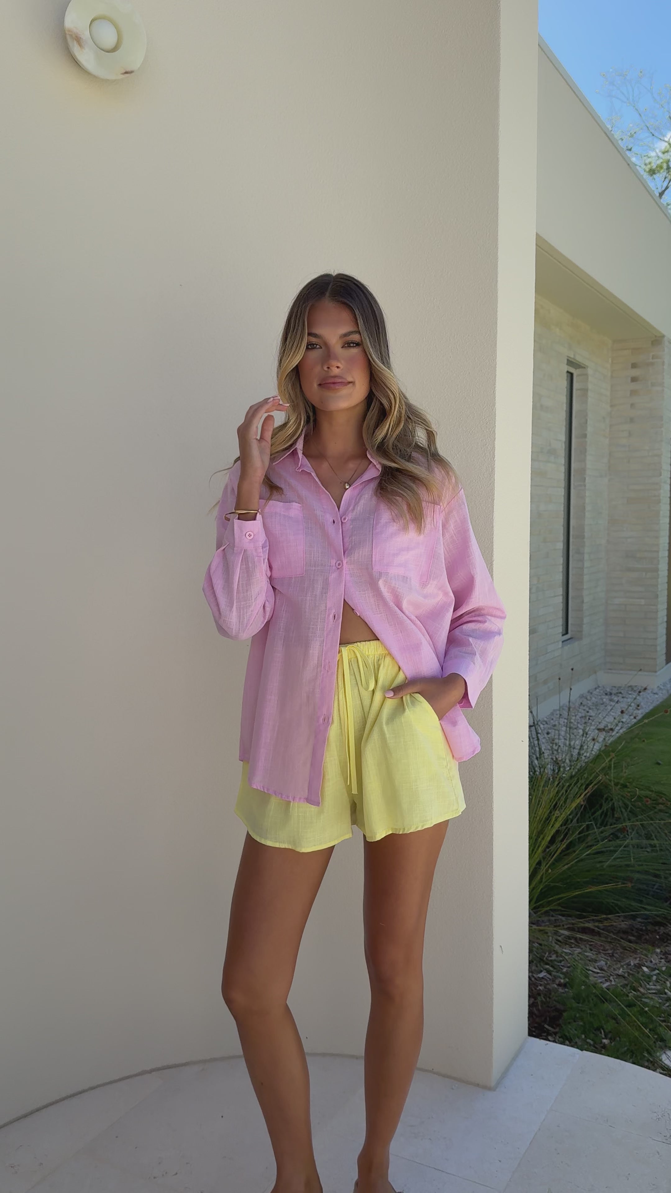 Load video: Jamie Long Sleeve Top and Shorts Set - Pink/Yellow - Billy J