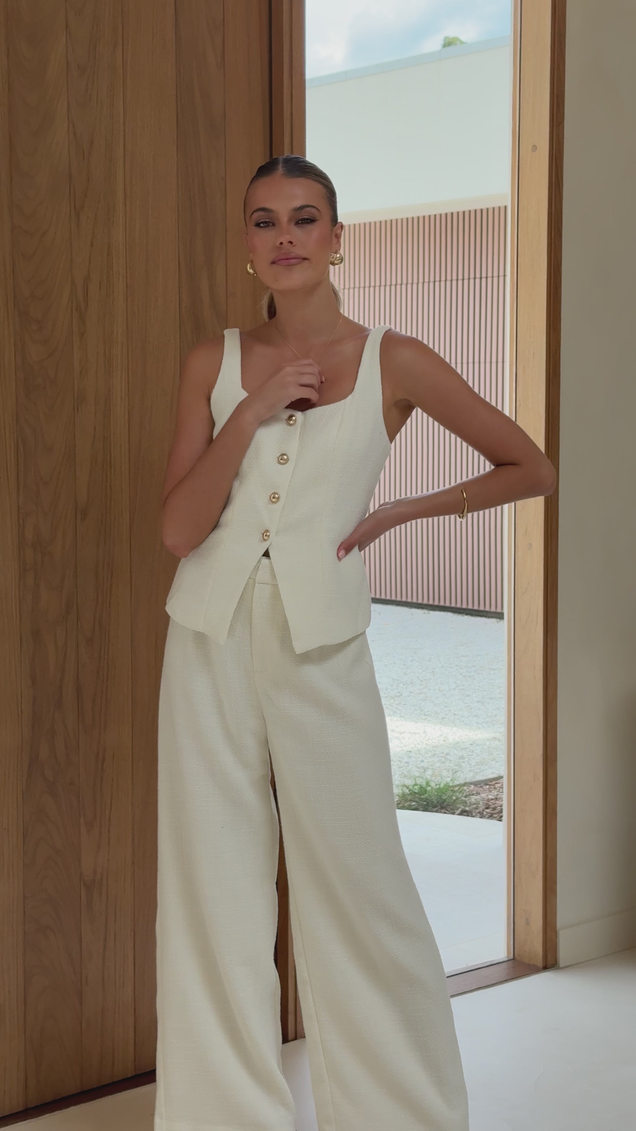 Load video: Karrina Tweed Button Up Vest and Pants Set - White - Billy J