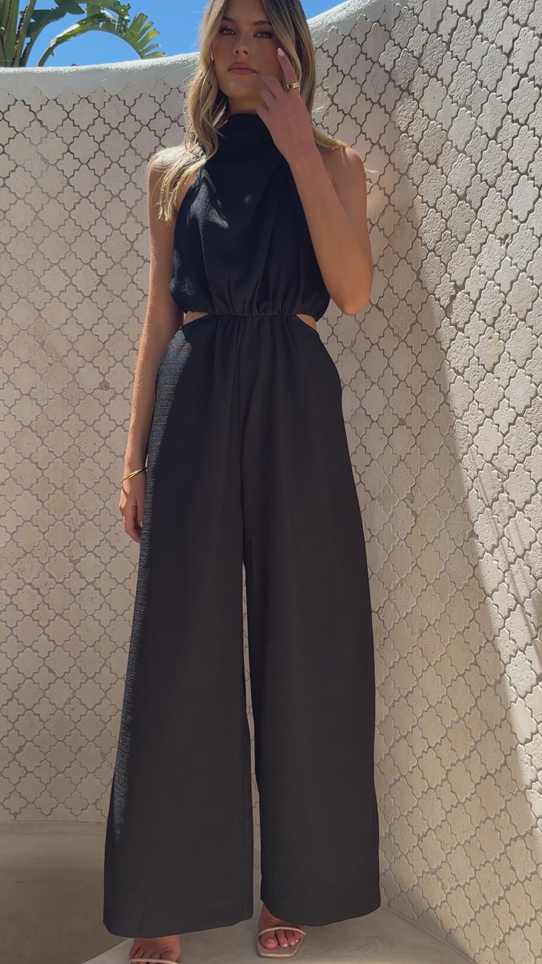 Load video: Lara Halter Neck Wide Leg Jumpsuit - Black - Billy J