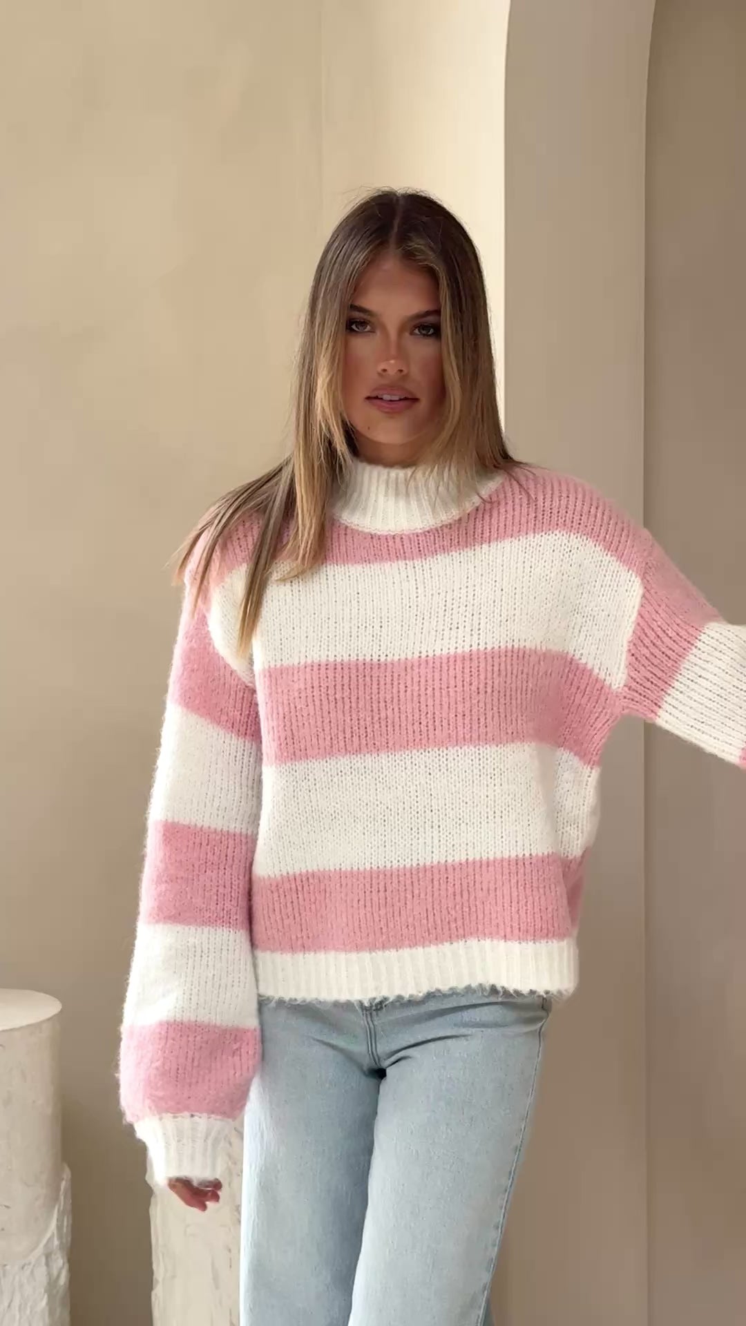 Load video: Dante Knitted Sweater - White / Pink Stripe - Billy J