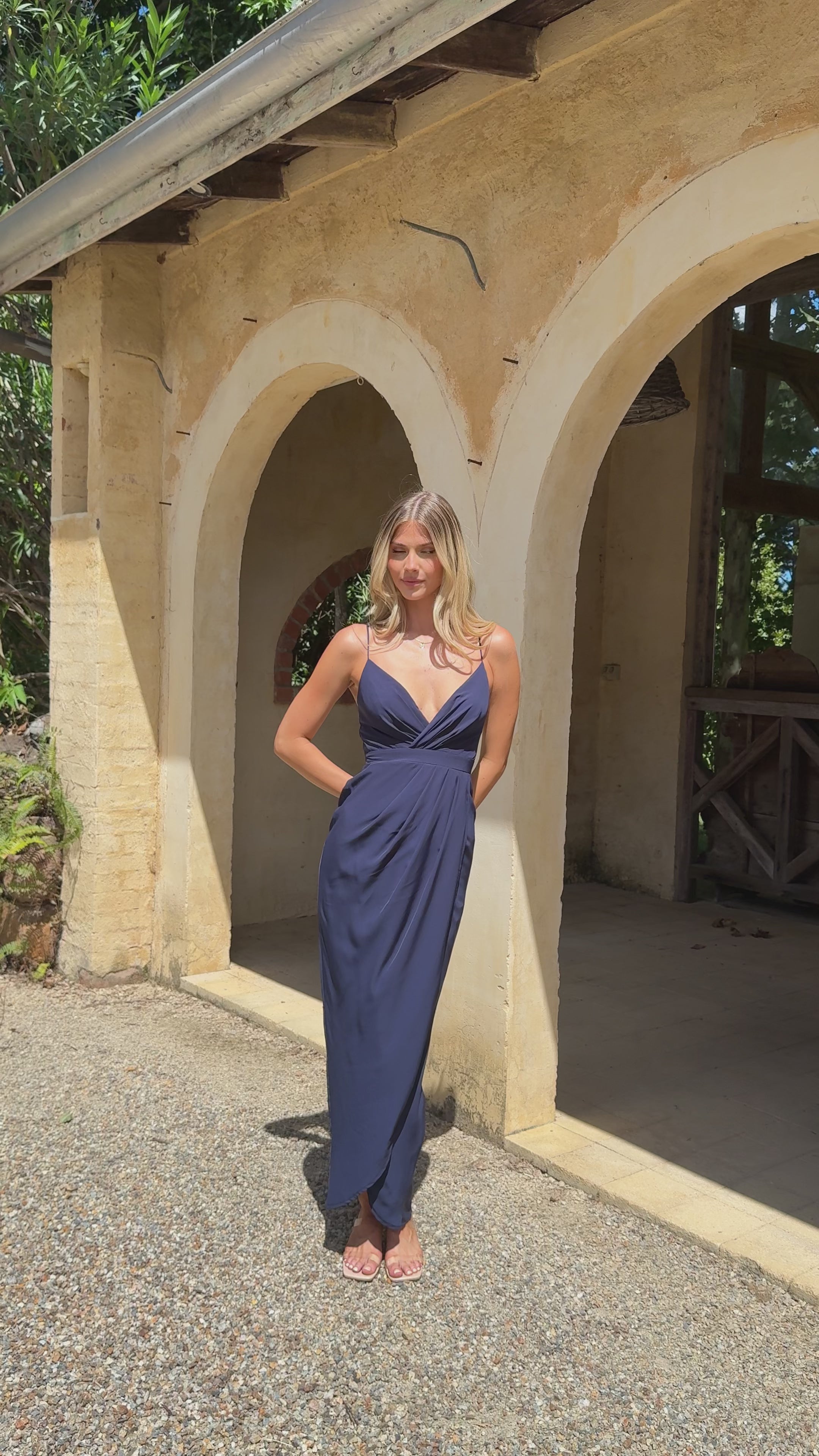 Load video: Charlotte Draped Maxi Dress - Navy - Billy J
