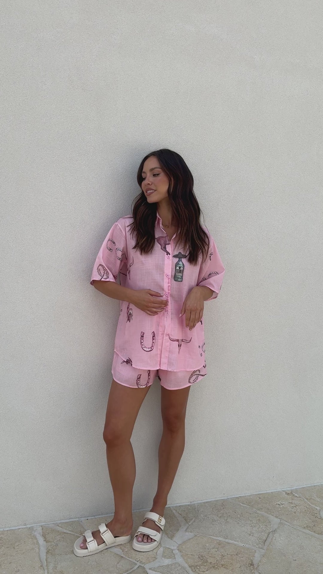 Load video: Rodeo Button Up Shirt and Shorts Set - Pink - Billy J
