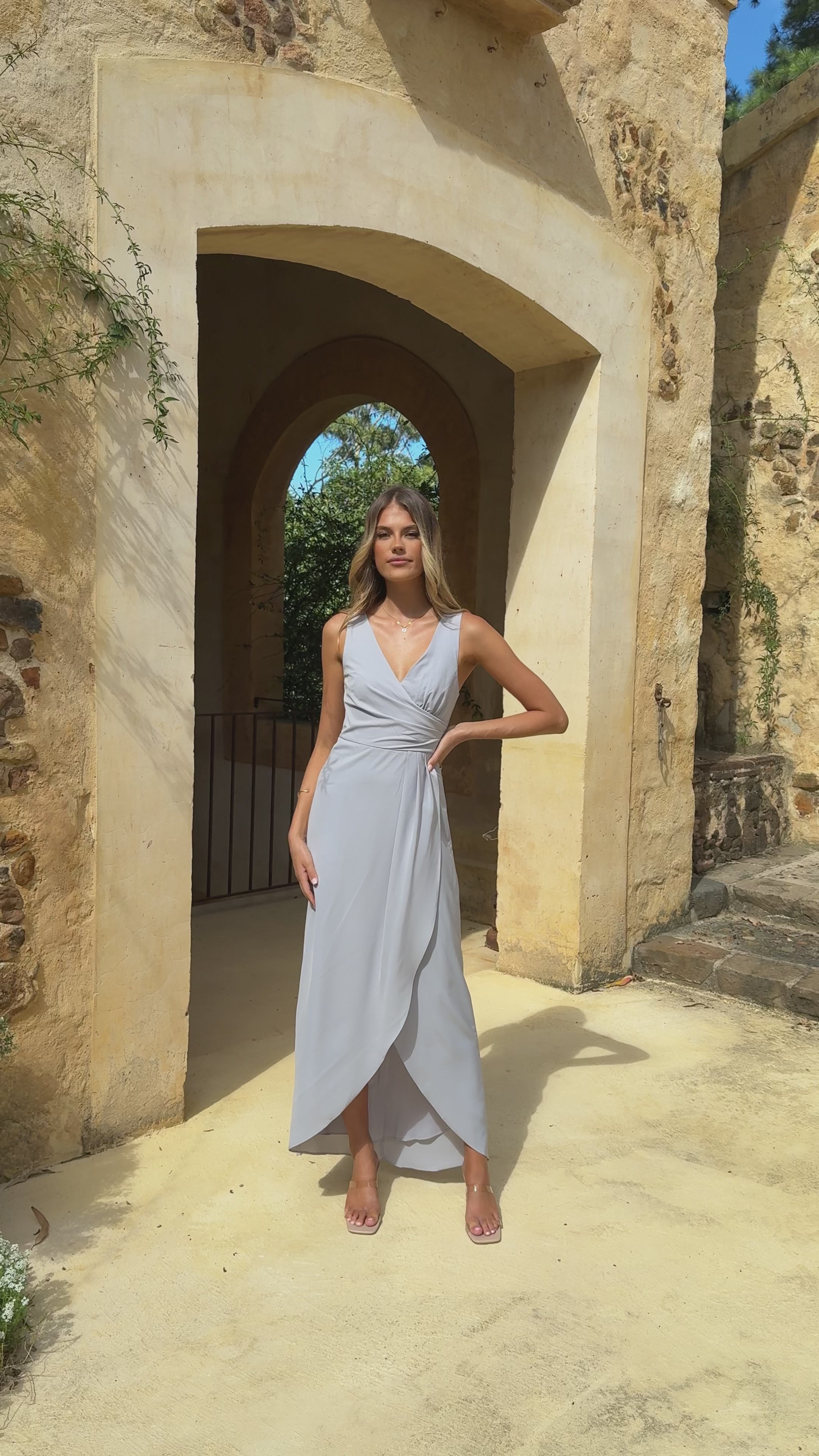 Load video: Pamela V Neck Maxi Dress - Light Grey - Billy J