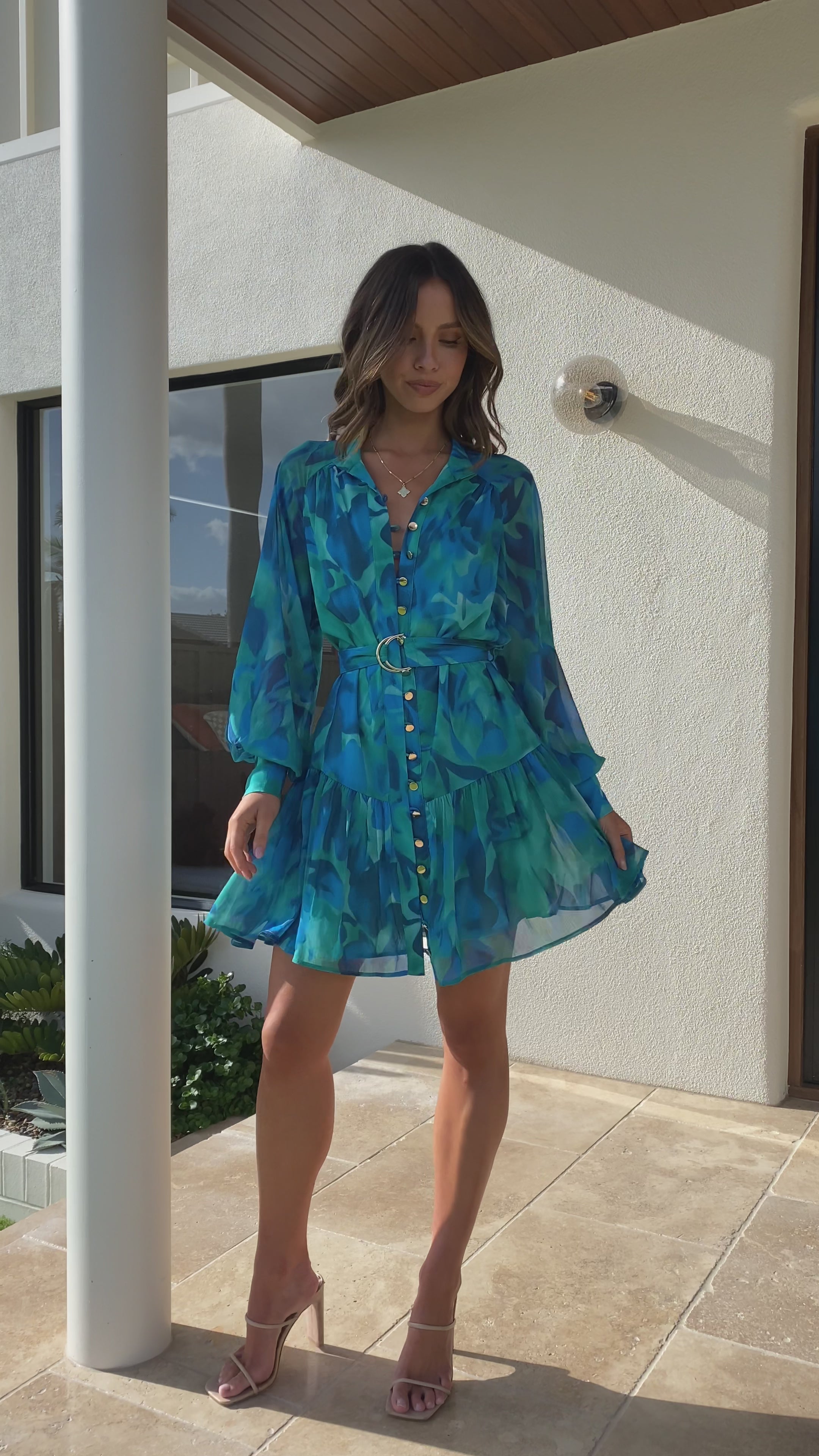 Load video: Jazmyn Mini Dress - Blue Multi - Billy J