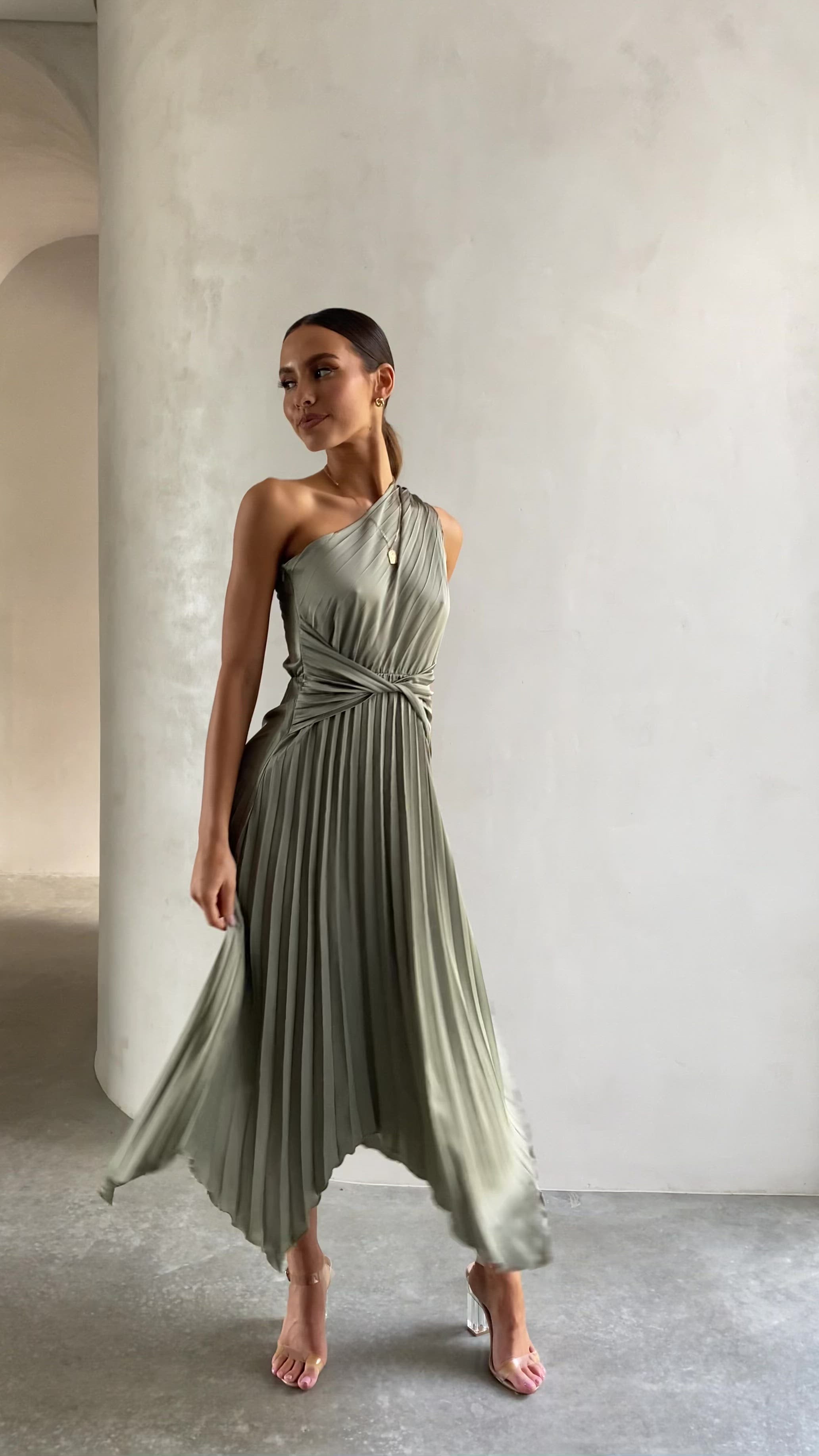 Load video: Cali One Shoulder Midi Dress - Olive - Billy J