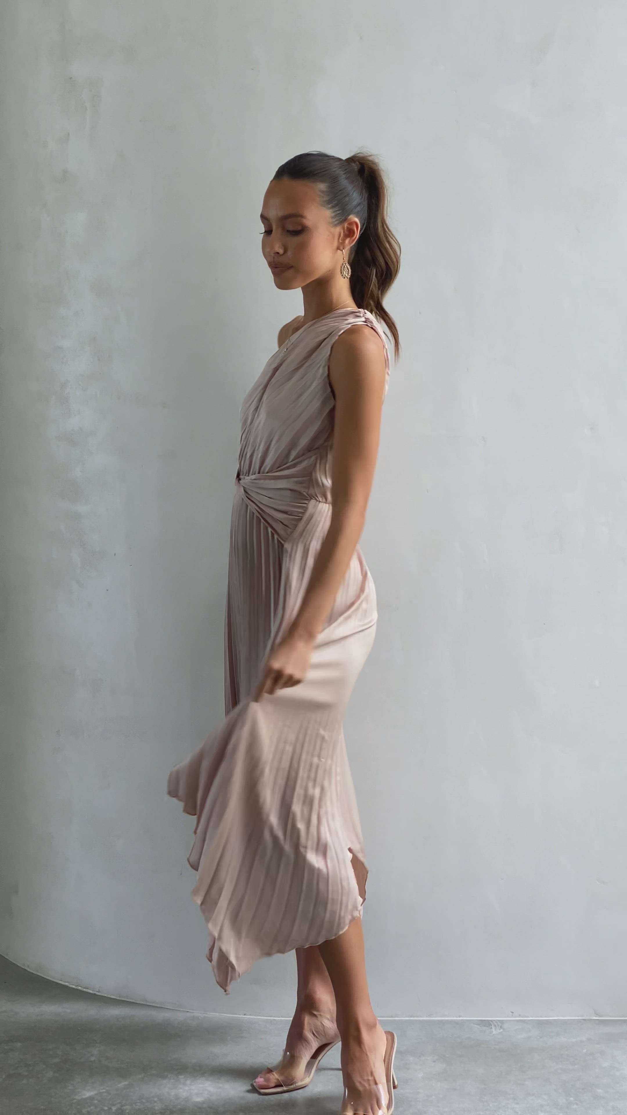 Load video: Cali One Shoulder Midi Dress - Champagne - Billy J