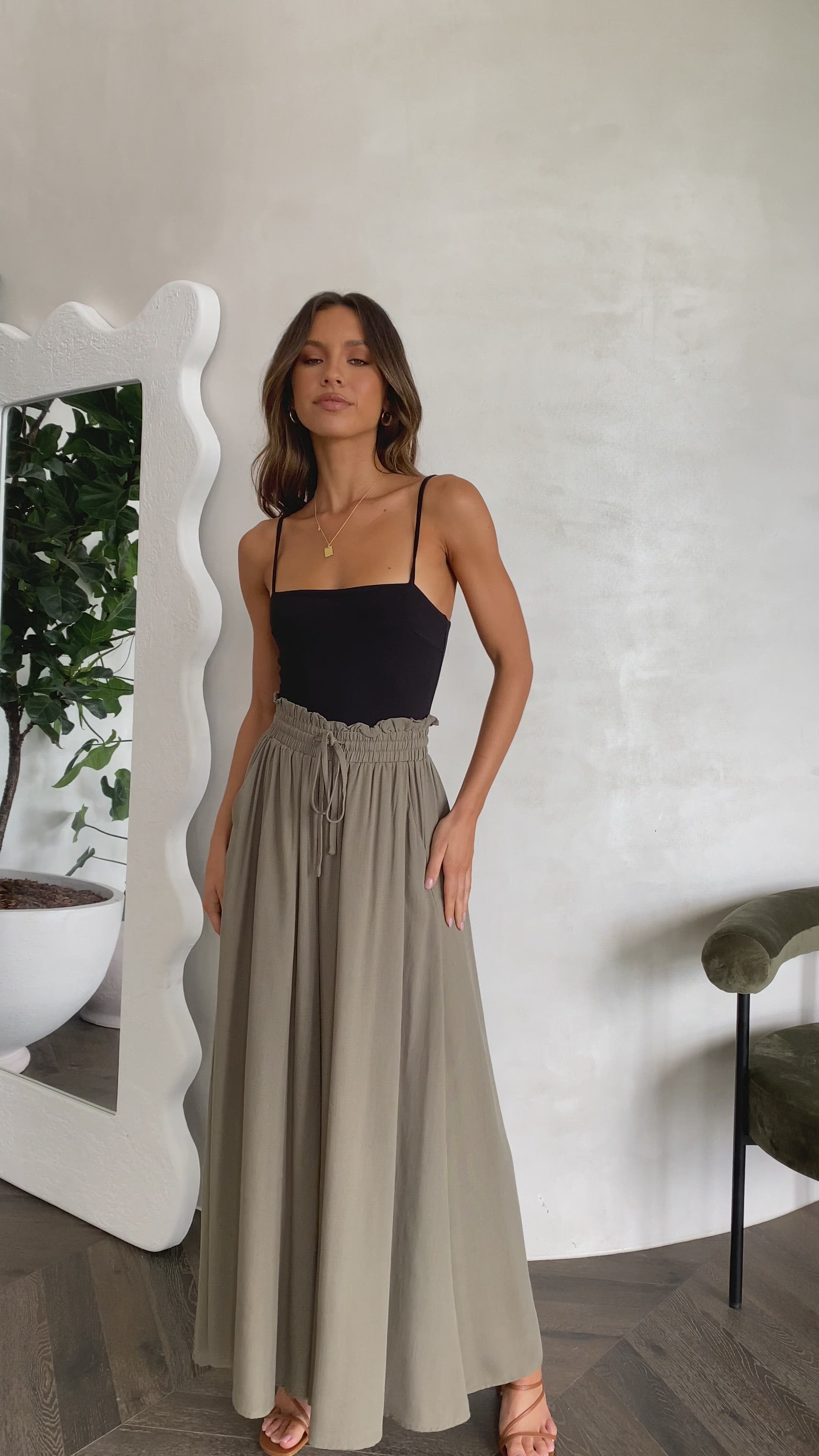 Load video: Avery Wide Leg Pants - Khaki - Billy J