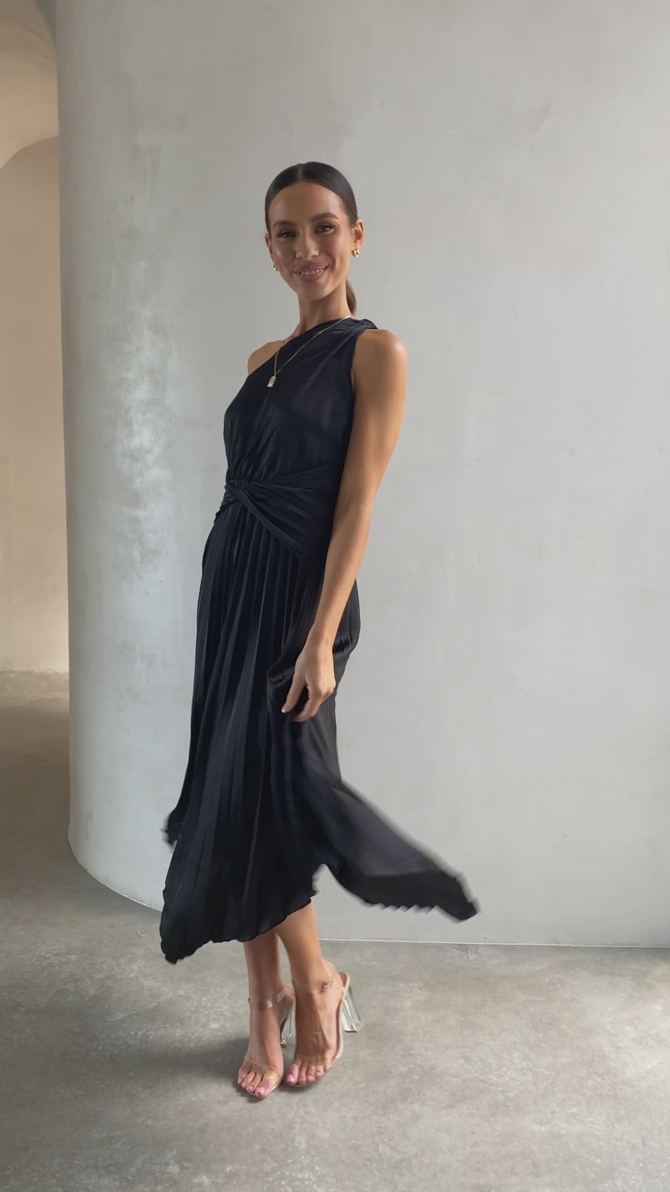 Load video: Cali One Shoulder Midi Dress - Black - Billy J
